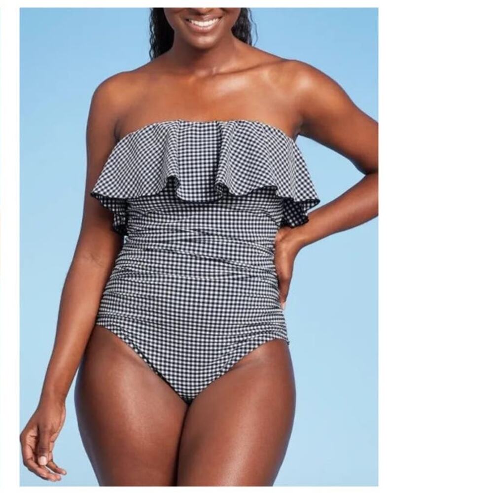 Kona Sol Flounce Blue Gingham Plaid One Piece Convertible Straps Swimsuit Sz XL